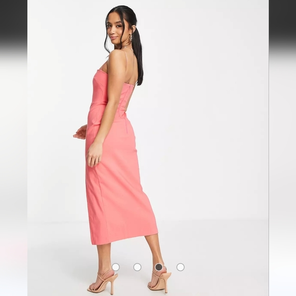 Vesper Petite cami strap midi dress with thigh split in bubblegum pink - Picture 4 of 4